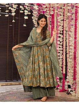 Gahan - Green Rayon Slub Floral Printed Anarkali Kurta with Palazzo & Dupatta