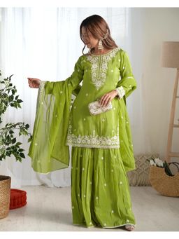 Gahan - Parrot Green Chinon Silk Embroidered Kurta with Sharara & Dupatta