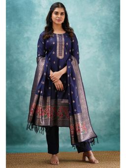 Gahan - Navy Blue Art Silk Woven Self Design Kurta with Pant & Dupatta