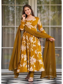 Gahan - Mustard Rayon Slub Printed Floral Anarkali Kurta with Pant & Dupatta
