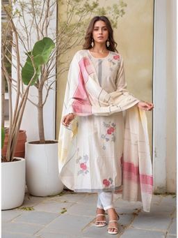 Gahan - White Pure Cotton Woven Floral Kurta with Pant & Dupatta