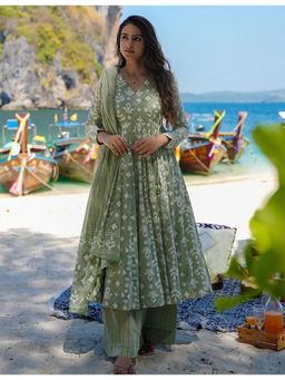 Gahan - Light Green Rayon Slub Printed Anarkali Kurta with Palazzo & Dupatta