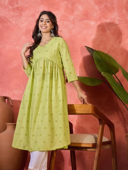 Gahan - Lime Green Schiffli V Neck Empire Cotton Anarkali Kurta