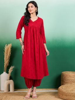 Gahan - Red Schiffli V Neck Empire Cotton Anarkali Kurta