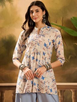 Gahan - Womens Beige Floral Printed Pure Cotton Short Kurti