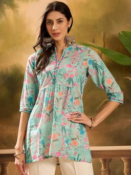 Gahan - Womens Green Floral Printed Pure Cotton Short Kurti