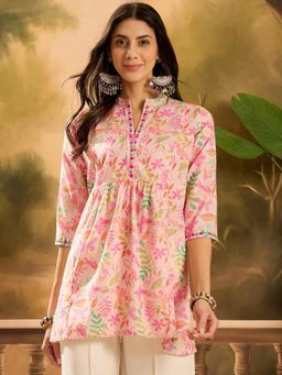 Gahan - Womens Pink Floral Printed Pure Cotton Short Kurti