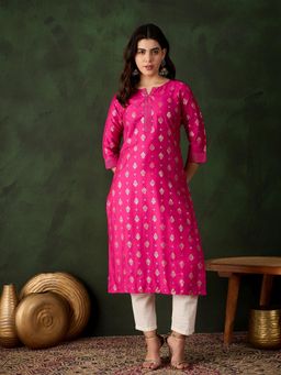 Gahan - Pink Viscose Fabric Foil Print & Zari Embroidery Work Kurta