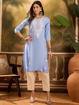 Gahan - Floral Embroidered Chikankari Round Neck Straight Kurta