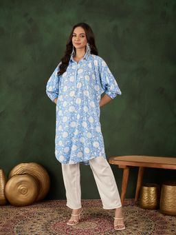 Gahan - Floral Printed Shirt Collar Oversized Straight Kurta