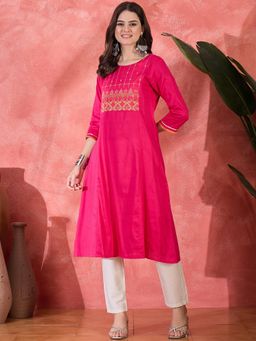 Gahan - Geometric Embroidered Thread Work Round Neck A-Line Kurta
