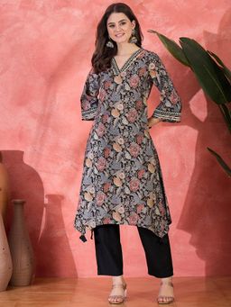 Gahan - Black V-Neck Floral Printed Embroidered & Thread Work Asymmetrical Kurta