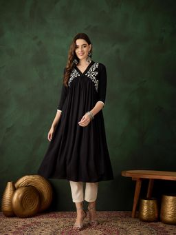 Gahan - Black Embroidered A-Line Kurta
