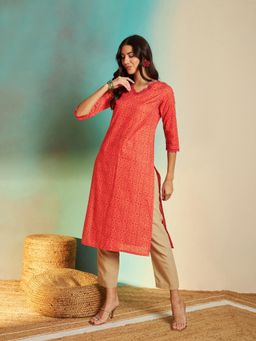 Gahan - Orange Cotton Printed Kurta