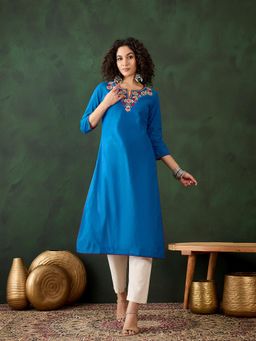 Gahan - Blue Floral Embroidered Thread Work Pure Cotton Kurta