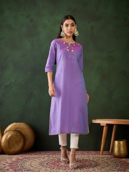 Gahan - Lavender Floral Embroidered Thread Work Pure Cotton Kurta