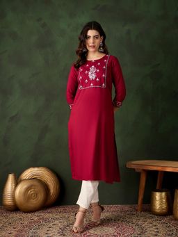 Gahan - Maroon Cotton Thread Embroidery Work Kurta