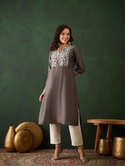 Gahan - Grey Ethnic Motif Embroidered Straight Kurta