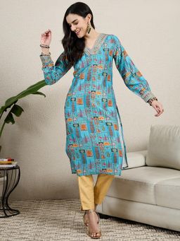 Gahan - Womens Floral Printed Sequinned V-Neck Straight Kurta