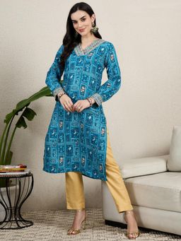 Gahan - Womens Floral Printed Sequinned V-Neck Straight Kurta
