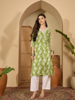 Gahan - Womens Green Floral Printed V-Neck Pure Cotton Straight Kurta