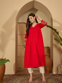 Gahan - Womens Embroidered Red Cotton Kurta