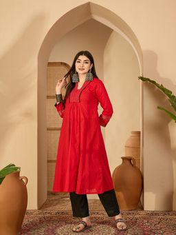Gahan - Womens Self Design Red Cotton Kurta