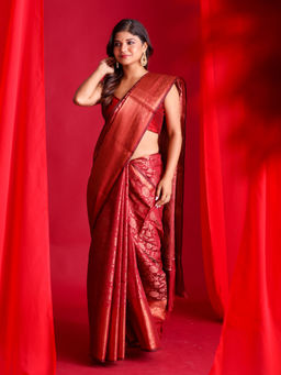 Beatitude - Maroon Woven Banarasi Saree with Unstitched Blouse