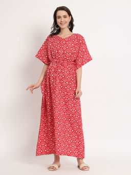 AUJJESSA - Red Printed Front Zipper Maternity Feeding Kaftan