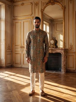 ETHNIC BAY - Men Silk Blend Printed Straight Kurta and Trouser