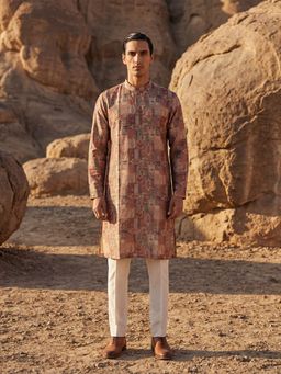 ETHNIC BAY - Men Beige Silk Blend Printed Straight Kurta and Trouser