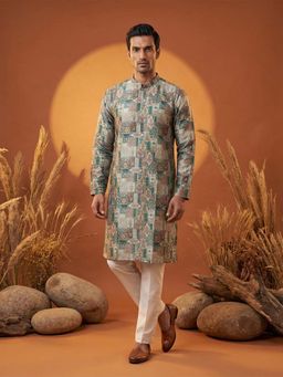 ETHNIC BAY - Men Blue Silk Blend Printed Straight Kurta and Trouser