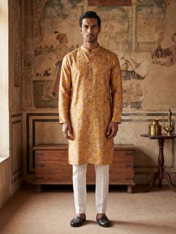 ETHNIC BAY - Men Mustard Silk Blend Straight Kurta and Trouser