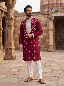 ETHNIC BAY - Men Maroon Silk Blend Embroidered Straight Kurta and Trouser