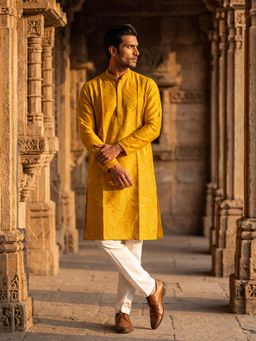 ETHNIC BAY - Men Yellow Silk Blend Embroidered Straight Kurta and Trouser