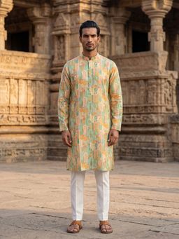 ETHNIC BAY - Men Green Silk Blend Printed Straight Kurta and Trouser