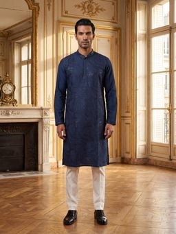 ETHNIC BAY - Men Navy Blue Silk Blend Embroidered Straight Kurta and Trouser