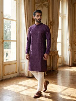 ETHNIC BAY - Men Purple Silk Blend Embroidered Straight Kurta and Trouser