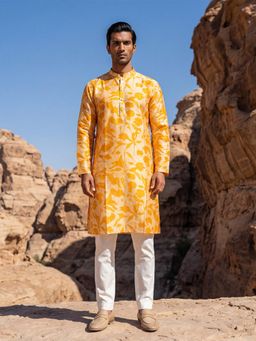 ETHNIC BAY - Men Yellow Silk Blend Printed Straight Kurta and Trouser