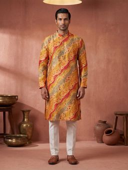 ETHNIC BAY - Men Yellow Silk Blend Printed Straight Kurta and Trouser