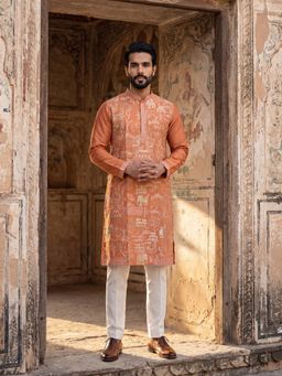 ETHNIC BAY - Men Peach Viscose Rayon Embroidered Straight Kurta and Trouser