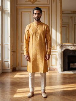 ETHNIC BAY - Men Yellow Silk Blend Printed Straight Kurta and Trouser