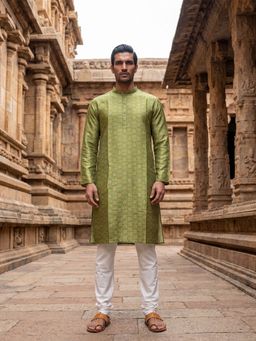 ETHNIC BAY - Men Green Silk Blend Printed Straight Kurta