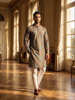 ETHNIC BAY - Men Silk Blend Printed Straight Kurta