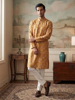 ETHNIC BAY - Men Mustard Silk Blend Straight Kurta