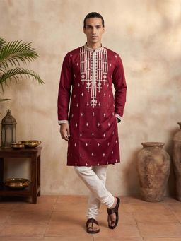 ETHNIC BAY - Men Maroon Silk Blend Embroidered Straight Kurta