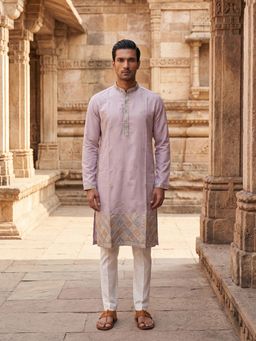 ETHNIC BAY - Men Lavender Silk Blend Embroidered Straight Kurta