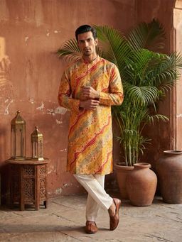 ETHNIC BAY - Men Yellow Silk Blend Printed Straight Kurta