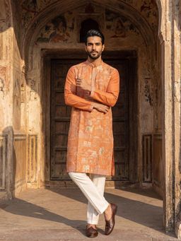 ETHNIC BAY - Men Peach Viscose Rayon Embroidered Straight Kurta