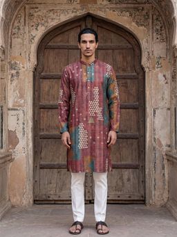 ETHNIC BAY - Men Brown Silk Blend Printed Straight Kurta